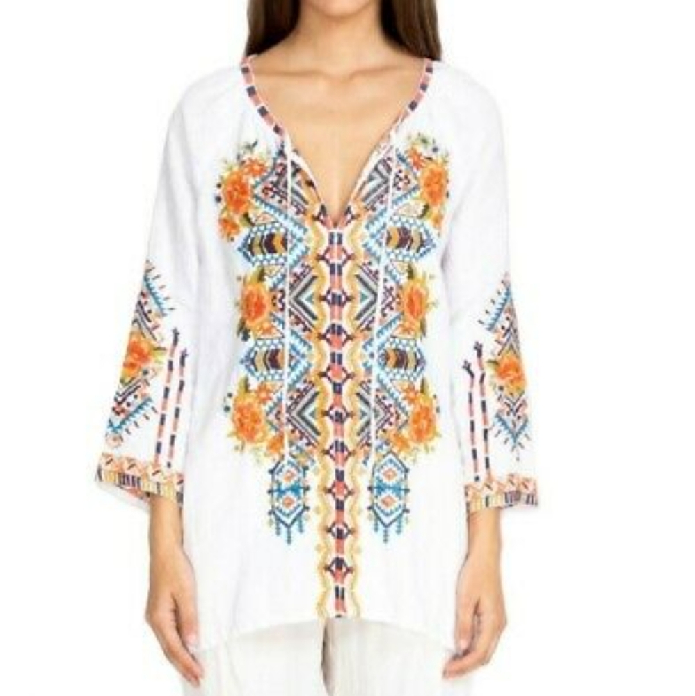Johnny Was White Blouse with Orange Floral Embroidery - Picture 11 of 13